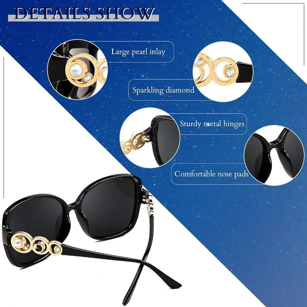 Womens Fashion Sunglasses Square Frame With Pearl Sparkling Eyes Protection